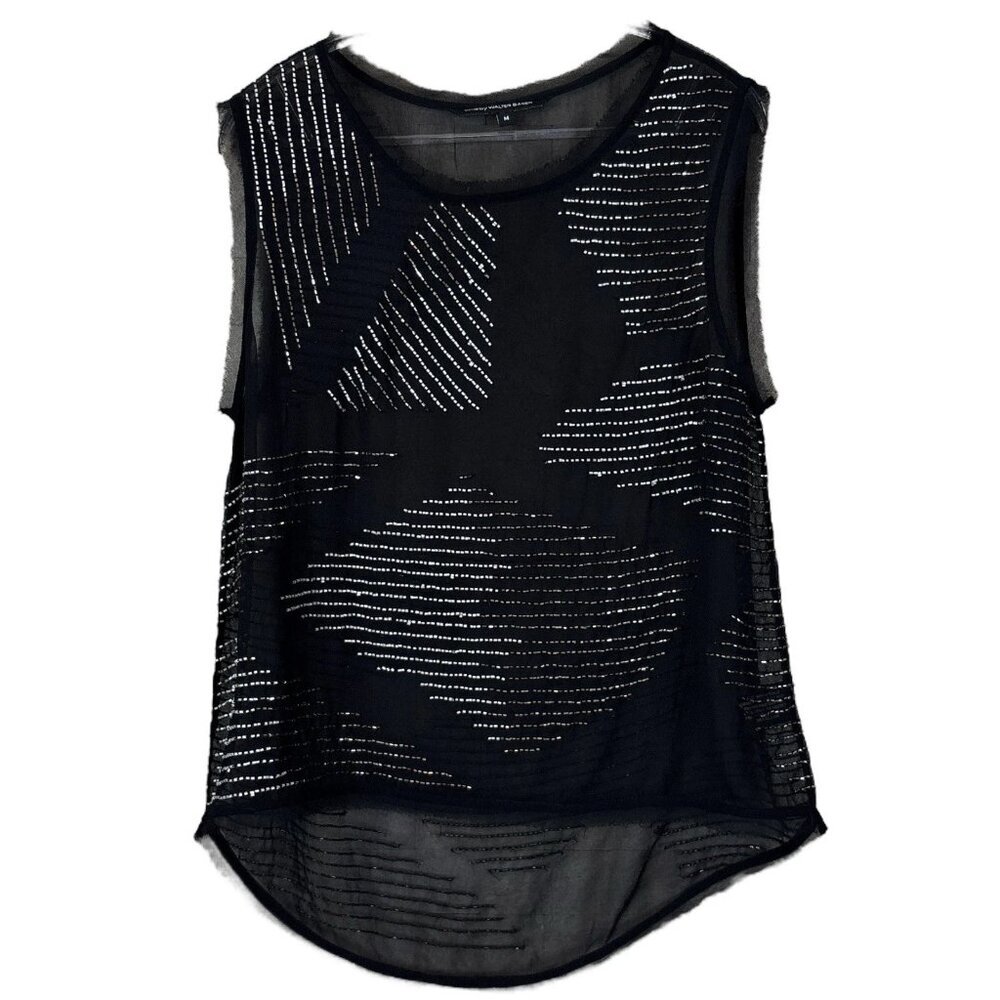 W118 Walter Baker Beaded Metallic Sheer Frayed Hem Tank Top Black Silver Size M